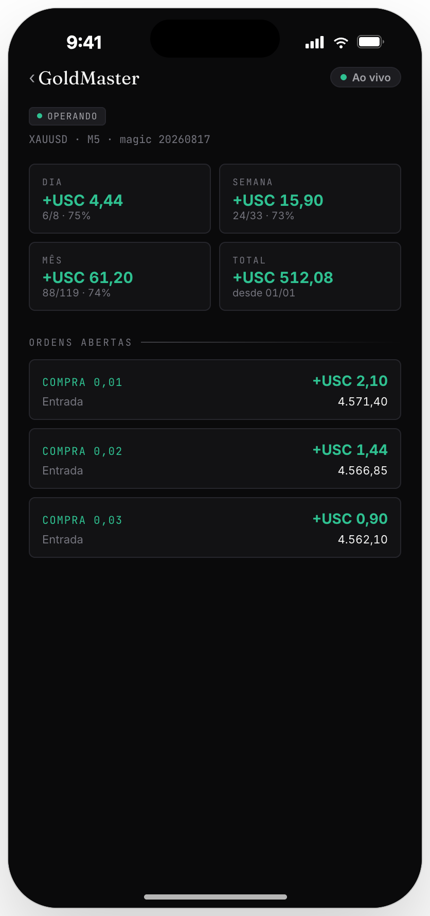 Robot detail screen in the GoldMaster app, with metrics and open orders