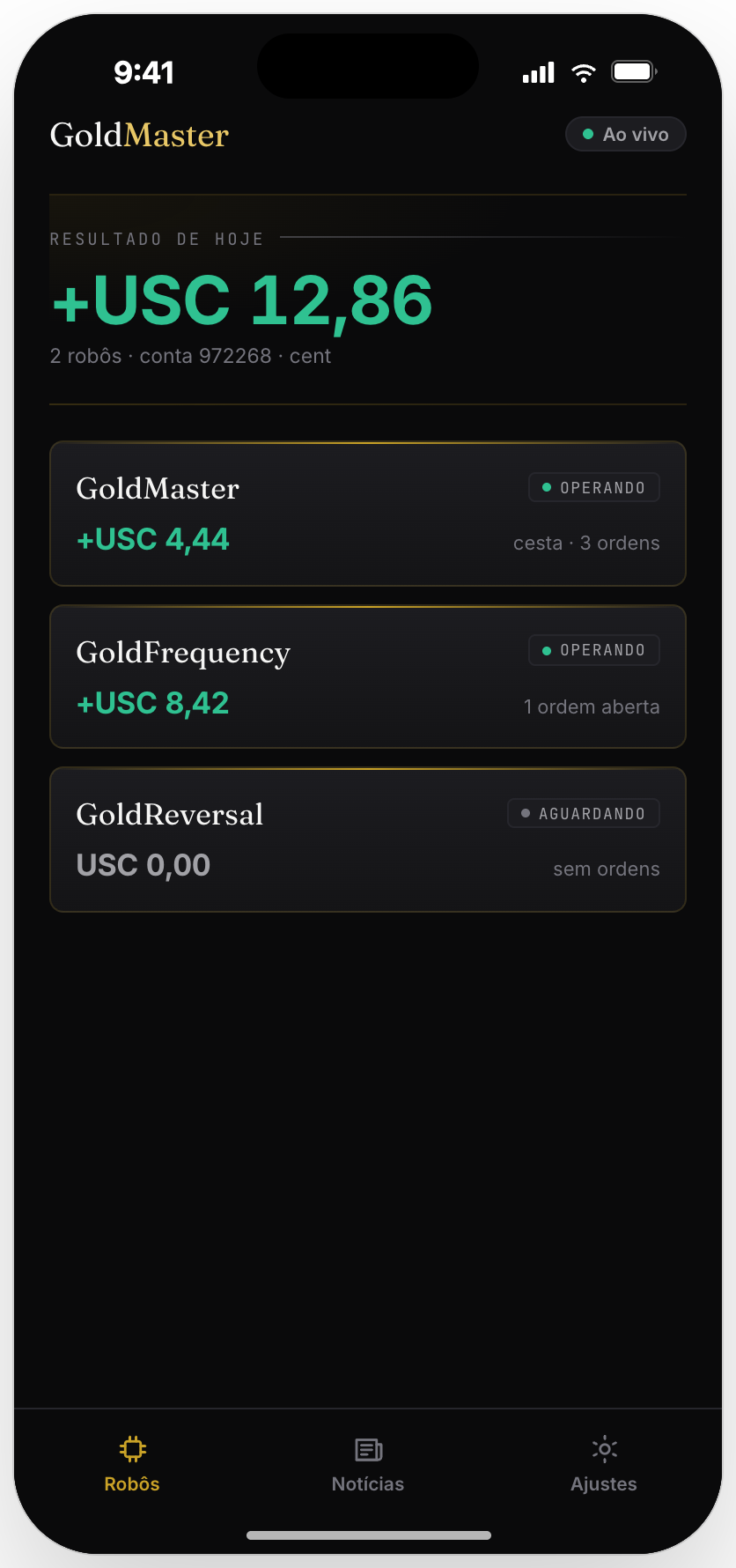 GoldMaster app home screen with today's result and the three robots
